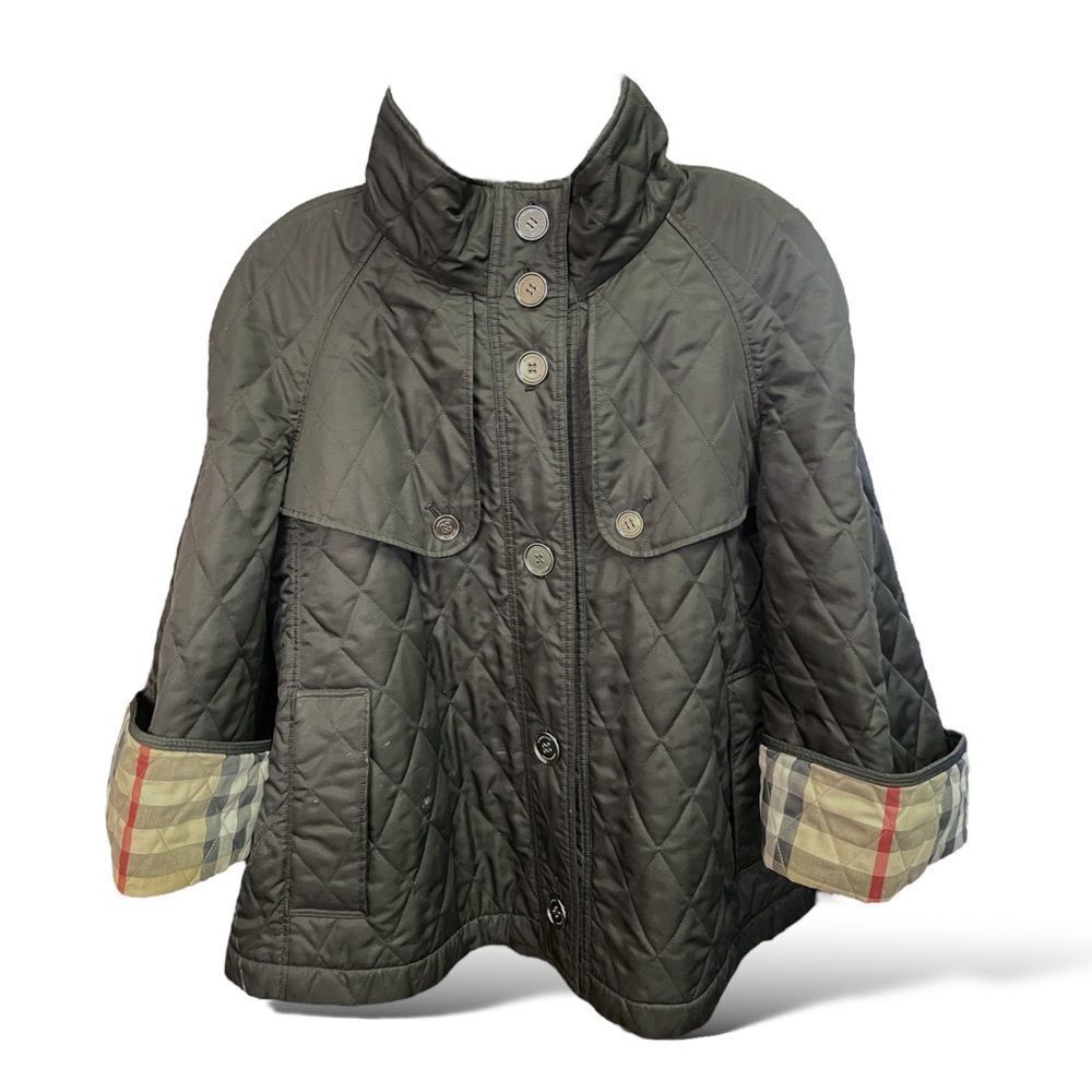 Burberry Black Quilted Cape Jacket with Check Cuff
